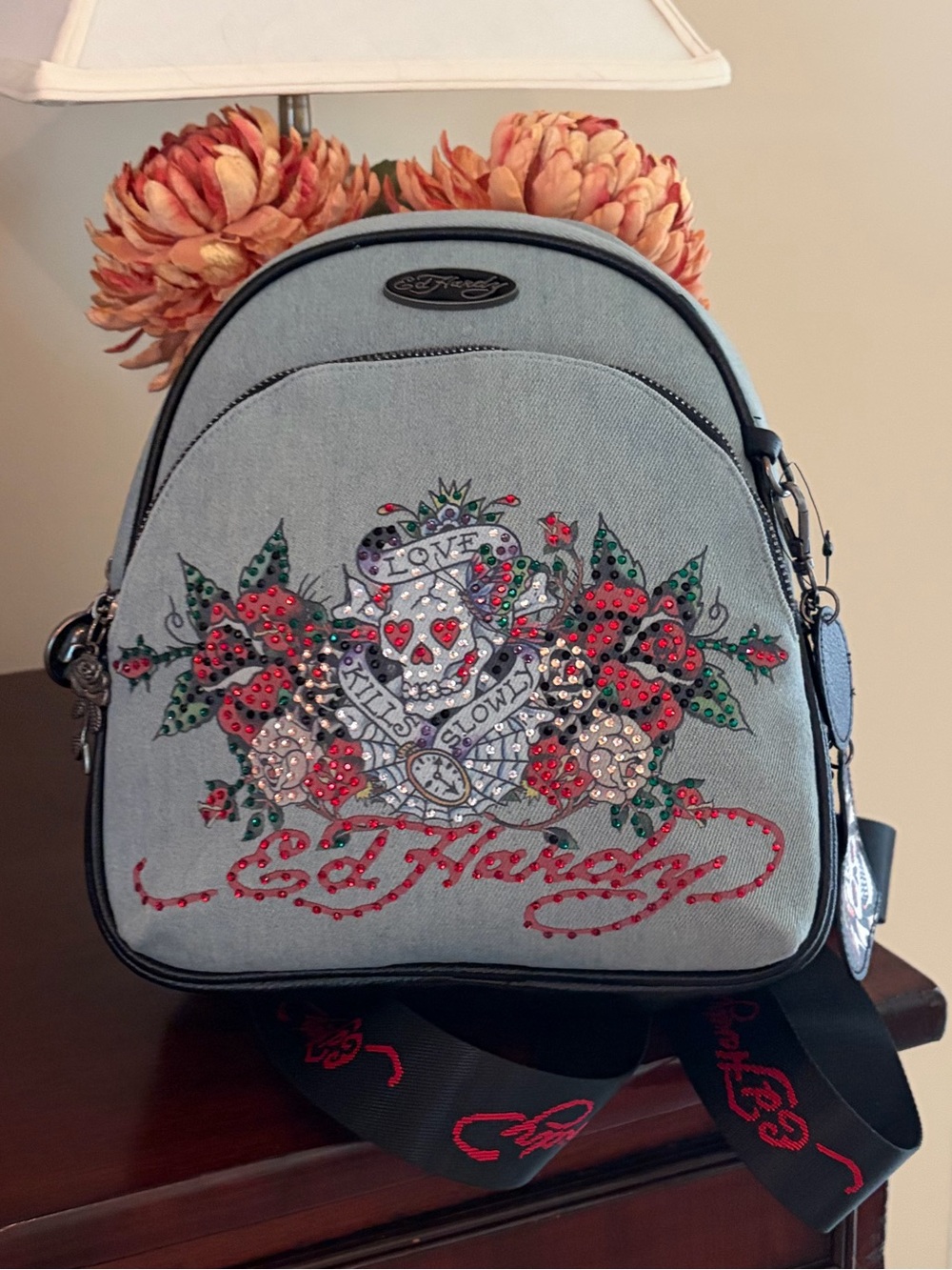 NWT Ed Hardy Denim Rhinestone backpack